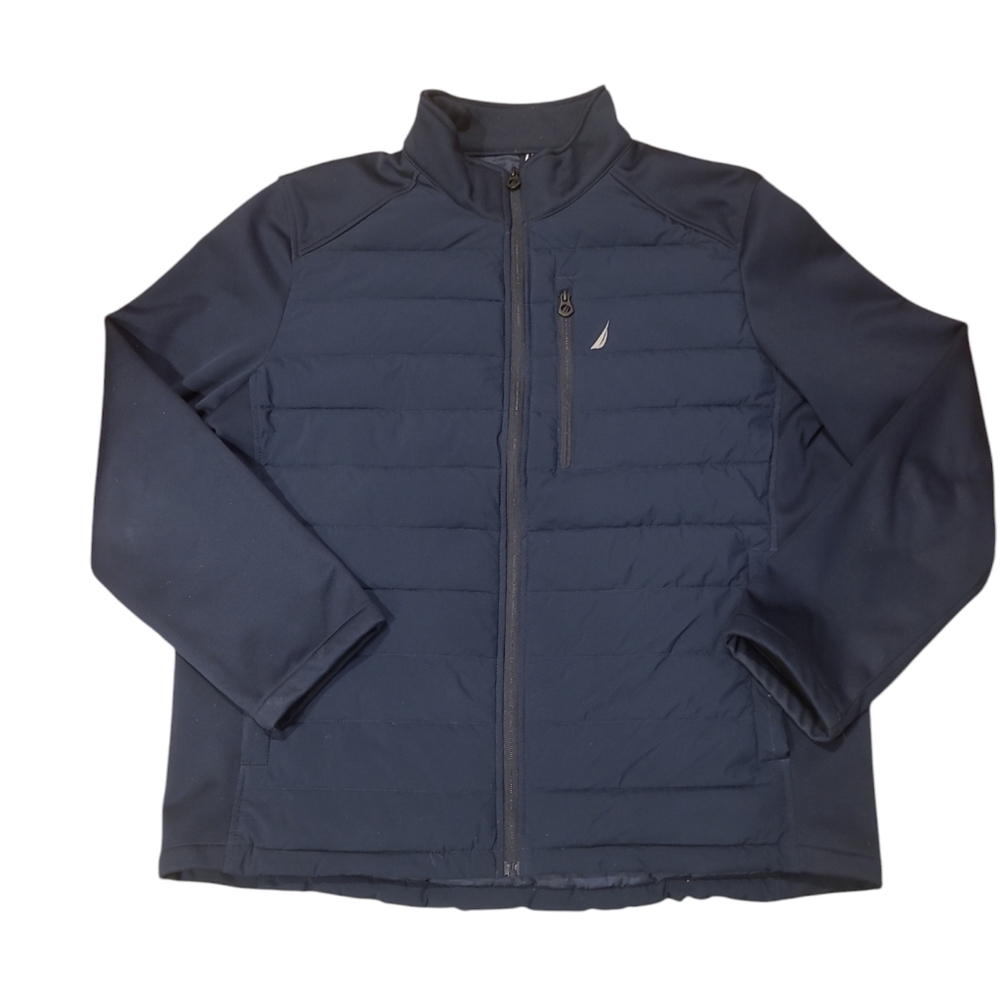 Nautica Jacket Men's XL Puffer Quilted Mixed Media Collared Navy Blue Full Zip